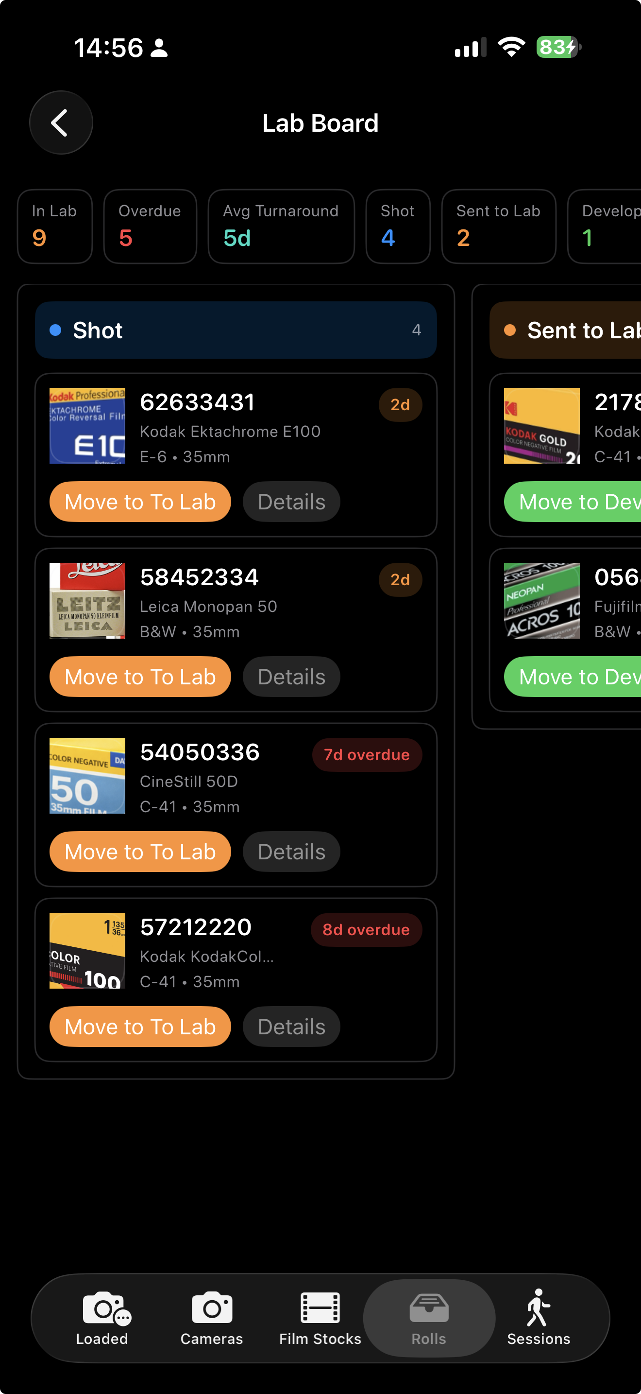 Lab Board view showing roll status columns and turnaround stats